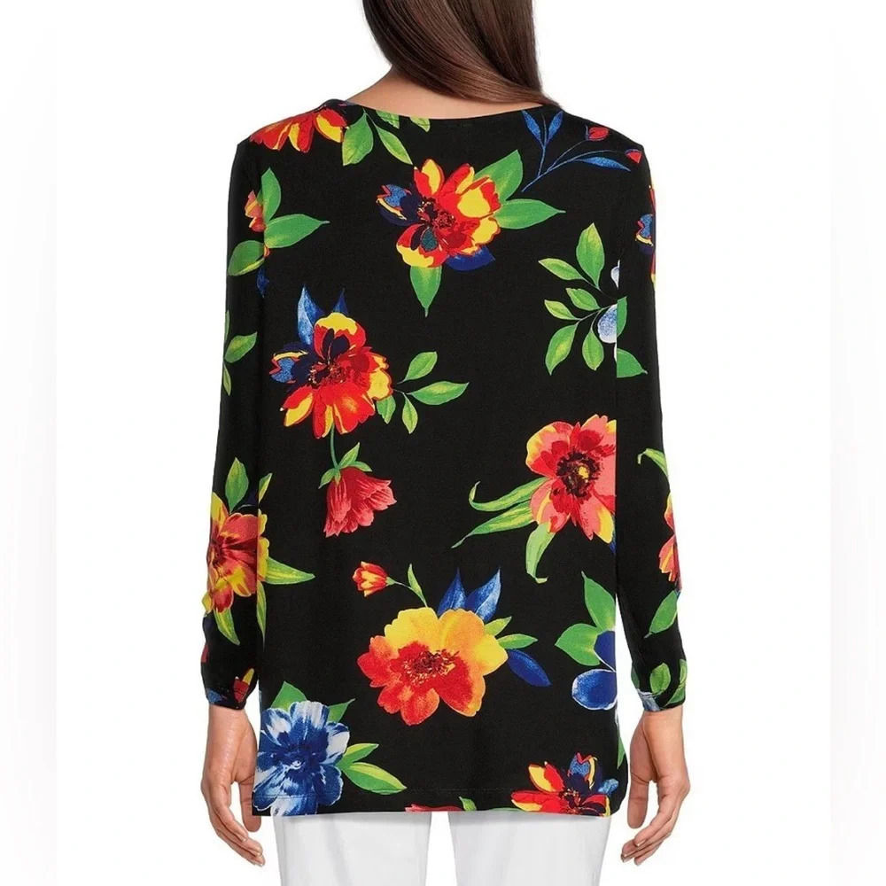 Ali Miles | Knit Tropical Floral Print Tunic Round Neck High Low Hem - Picture 2 of 9